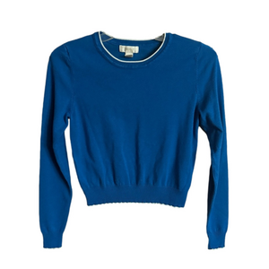 Forever 21 Blue Long Sleeve Crewneck Sweater Coquette White Trim Cropped Large